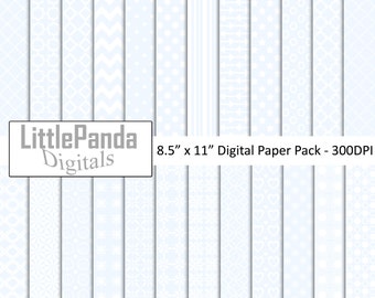 May include: A digital paper pack with 12 different patterns in shades of blue and white. The patterns include geometric shapes, stripes, polka dots, and chevron designs. The paper pack is 8.5 inches by 11 inches and 300 DPI.