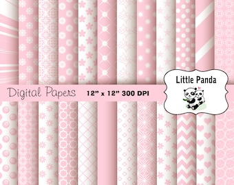 May include: A set of 16 digital papers featuring pink and white patterns. The papers are 12 inches by 12 inches and 300 DPI. The text "Little Panda" is in a white banner with a pink border and two panda bears.