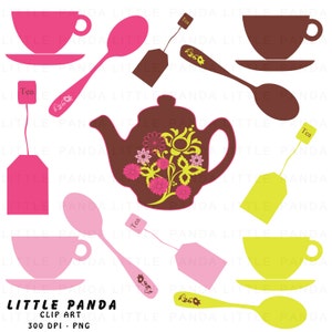 May include: A set of tea party clipart featuring a brown teapot with floral designs, pink and yellow teacups and saucers, spoons, and tea bags. The text "Tea" is on the tea bags.