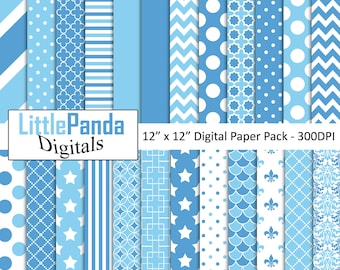 May include: A digital paper pack with 16 different patterns in blue and white. The patterns include polka dots, stripes, stars, chevrons, and geometric designs. The pack is 12 inches by 12 inches and 300 DPI.