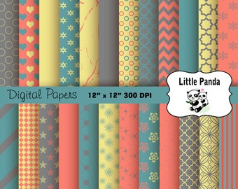 May include: A set of 18 digital papers featuring various patterns in shades of yellow, gray, teal, and coral. The patterns include stars, hearts, circles, geometric shapes, and floral designs. The papers are 12 inches by 12 inches and 300 DPI. The text "Little Panda" is in a white banner with a panda bear illustration.