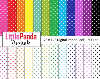 May include: A digital paper pack with 12 different polka dot patterns. Each pattern is 12 inches by 12 inches and has white polka dots on a variety of colored backgrounds. The pack is 300 DPI.