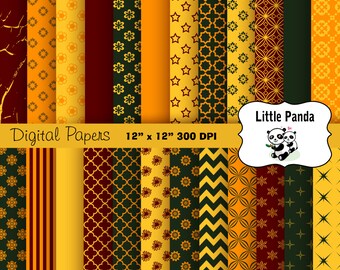 May include: A set of 12 digital papers featuring various geometric and floral patterns in shades of yellow, gold, green, and burgundy. The papers are 12 inches by 12 inches and 300 DPI. The text "Little Panda" is visible in the top right corner of the image.