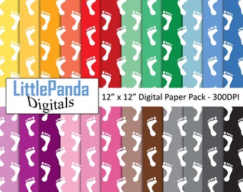 May include: A digital paper pack with 18 different patterns featuring white footprints on various colored backgrounds. The pack includes colors such as yellow, orange, red, green, blue, pink, purple, brown, and gray. The text "LittlePanda Digitals" and "12" x "12" Digital Paper Pack - 300DPI" is included in the image.
