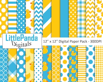May include: A digital paper pack with 16 different patterns featuring yellow rubber duckies, blue and yellow stripes, polka dots, and chevron patterns. The text "LittlePanda Digitals" and "12" x 12" Digital Paper Pack - 300DPI" is included in the image.
