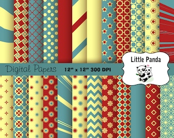 Yellow Red Blue Digital Scrapbook Paper Pack 24 jpg files 12 x 12  - Instant Download - D251