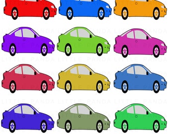 May include: A set of ten cartoon car clip art images in various colors, including red, blue, orange, purple, green, pink, yellow, light blue, dark blue, and green. The cars are all the same shape and size, and they are all facing to the right. The text "LITTLE PANDA CLIP ART 300 DPI - PNG" is at the bottom of the image.