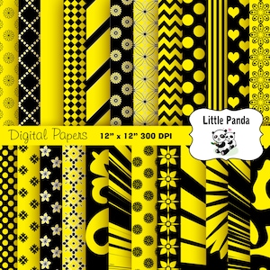 Black and Yellow Digital Scrapbooking Papers 24 jpg files 12 x 12 - Instant Download - D201