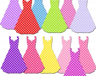 May include: Set of ten digital clip art images of polka dot dresses in various colors, including purple, red, blue, green, pink, yellow, and lime green. The dresses have white polka dots and are all the same style.