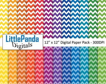 May include: A digital paper pack with 12 different chevron patterns in various colors, including yellow, orange, red, purple, blue, and green. Each pattern is 12 inches by 12 inches and 300 DPI. The text "LittlePanda Digitals" is in the bottom left corner.