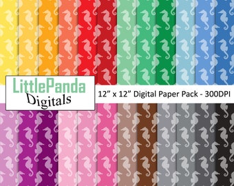 Seahorse digital paper nautical scrapbook paper sea animal background seahorse pattern silhouette rainbow colors commercial use D728