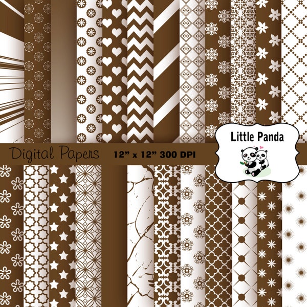 Brown and White Digital Papers 24 jpg files 12 x 12 - Instant Download - D255