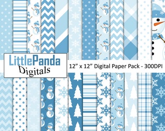 Snowman digital paper, snowflake patterns, plaid, winter, holiday backgrounds,scrapbook papers, commercial use - D490