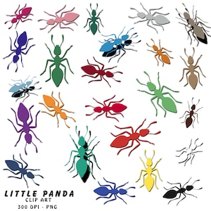May include: A collection of 20 colorful ant silhouettes, each with a different color, including red, blue, green, yellow, purple, pink, brown, black, and gray. The ants are all facing the same direction and have a simple, cartoon-like design. The background is white.