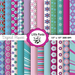 May include: A set of 12 digital papers featuring various patterns in pink, blue, and white. The patterns include polka dots, stripes, flowers, and geometric shapes. The papers are 12 inches by 12 inches and 300 DPI. The text "Little Panda Digital Papers" is displayed on the image.