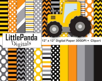 Construction Digital Paper and Clipart, Tractor Clipart, Solid Colors, Construction Scrapbook Paper, Commercial Use, Printable Papers D549