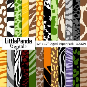 Safari Digital Paper, Animal Skin, Jungle Scrapbook Papers, Wild Animal Prints, Zebra, Giraffe, Tiger, Leopard, Cheetah, Commercial Use D550