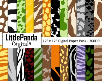 Safari Digital Paper, Animal Skin, Jungle Scrapbook Papers, Wild Animal Prints, Zebra, Giraffe, Tiger, Leopard, Cheetah, Commercial Use D550