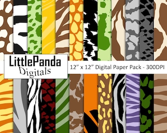 Safari Digital Paper, Animal Skin, Jungle Scrapbook Papers, Wild Animal Prints, Zebra, Giraffe, Tiger, Leopard, Cheetah, Commercial Use D550