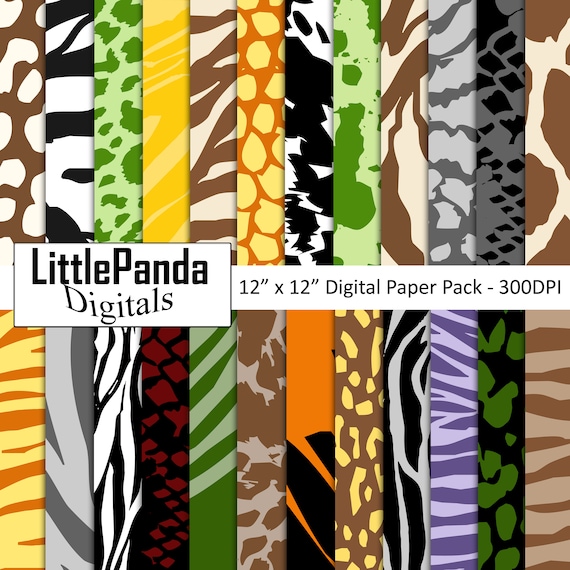 Safari Digital Paper, Animal Skin, Jungle Scrapbook Papers, Wild Animal Prints, Zebra, Giraffe, Tiger, Leopard, Cheetah, Commercial Use D550
