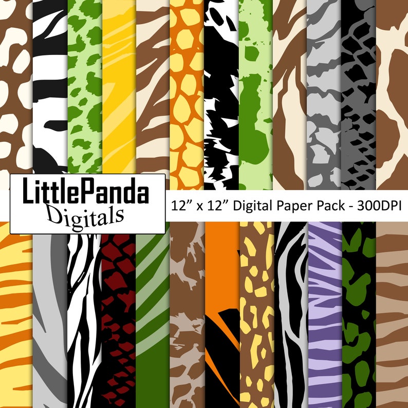 May include: A digital paper pack with 12 different animal print patterns. The patterns include zebra, giraffe, leopard, and snake. The paper pack is 12" x 12" and 300 DPI.