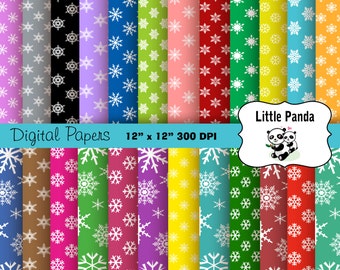 May include: A set of 20 digital papers featuring a snowflake pattern in various colors, including red, pink, blue, green, yellow, and brown. The papers are 12 inches by 12 inches and 300 DPI. The text "Little Panda" and "Digital Papers 12" x 12" 300 DPI" is included in the image.