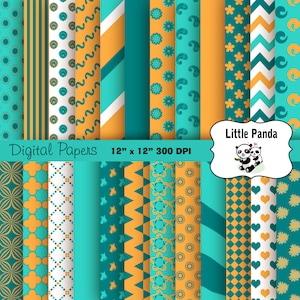 Könnte beinhalten: Ein Set mit 12 digitalen Papieren mit verschiedenen geometrischen und floralen Mustern in Türkis, Orange und Weiß. Die Papiere sind 30,5 cm x 30,5 cm groß und haben eine Auflösung von 300 DPI. Der Text "Little Panda" befindet sich in einem weißen Kreis mit einer Panda-Illustration.