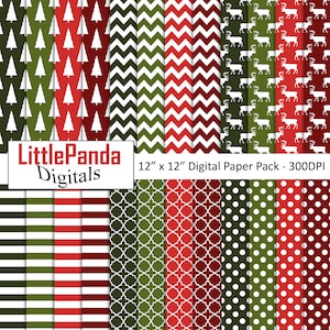 Weihnachten digitale Papier Elch Hintergrund Weihnachtsbaum Scrapbook Papier Chevron Streifen rot grün Polka Dots Muster kommerzielle Nutzung D633