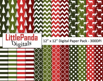 May include: A digital paper pack with 12 different patterns in red, green, and white. The patterns include Christmas trees, reindeer, stripes, polka dots, and geometric designs. The pack is 12 inches by 12 inches and 300 DPI.