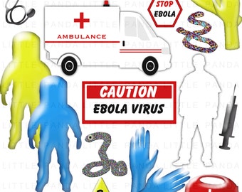 May include: A digital clipart set with an Ebola virus theme. The set includes a red ambulance, a yellow hazmat suit, a blue hazmat suit, a red caution sign with the text "CAUTION EBOLA VIRUS", a pair of blue gloves, a pair of yellow gloves, a syringe, a red first aid kit, a yellow triangle with the text "EBOLA VIRUS" and a green snake.