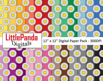May include: A digital paper pack with 12 different patterns of white daisies with yellow centers on various colored backgrounds. The patterns are 12 inches by 12 inches and 300 DPI. The text "LittlePanda Digitals" is in the lower left corner of the image.