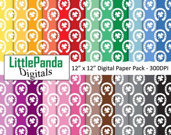 St. Patrick's Day digital paper horseshoe pattern lucky clover background shamrock scrapbook paper rainbow colors commercial use D687