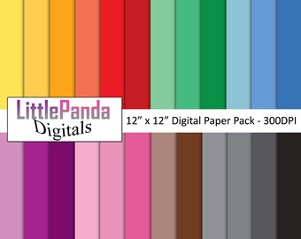 May include: A digital paper pack with 24 different colored solid squares. Each square is 12 inches by 12 inches and 300 DPI. The text "LittlePanda Digitals" is in the top left corner of the image. The text "12" x 12" Digital Paper Pack - 300DPI" is in the top right corner of the image.