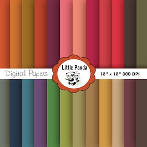 May include: A set of 20 digital papers featuring a variety of autumnal colors, including shades of red, orange, yellow, green, brown, and purple. The papers are 12 inches by 12 inches and 300 DPI. The text "Little Panda" and "Digital Papers" is included in the image.