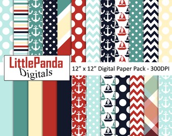 Nautical digital paper, wedding scrapbook papers, birthday, baby shower, background, printable paper, commercial use - D526
