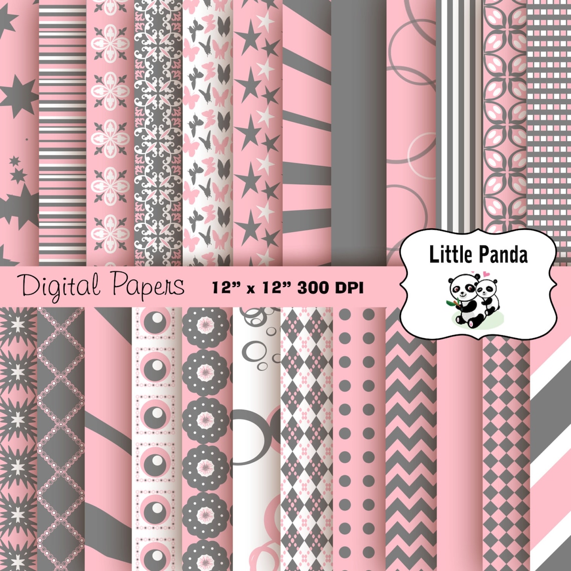 Pink and Gray Digital Scrapbooking Papers 24 Jpg Files 12 X 12 ...