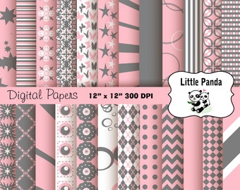 Pink and Gray Digital Scrapbooking Papers 24 jpg files 12 x 12 - Instant Download - D162