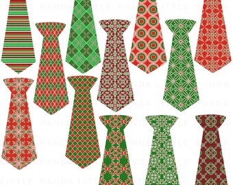 May include: Set of 10 digital clip art images of red and green patterned neckties. The ties have various geometric patterns, including stripes, circles, and diamonds.