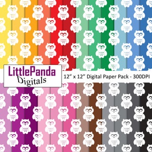 Owl digital paper cute owl silhouette baby shower scrapbook paper animal pattern background school woodland rainbow commercial use D713
