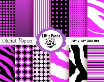 Bright Neon Pink Zebra Digital Paper Pack, Scrapbook Papers, 12 jpg files 12 x 12 - Instant Download - D97