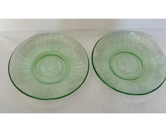 Vintage Green Depression Glass Fruit Pattern Saucer Set Uranium Glass 2 Pieces 7 Inches Diameter Intricate Design & Timeless Elegance