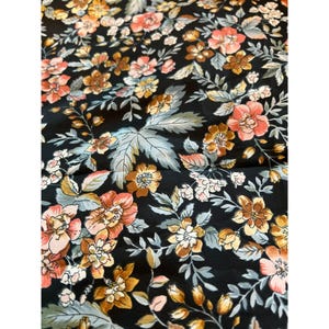 Vintage Floral Silk Fabric Black Multicolor  1 1/2 Yards Black Background spring