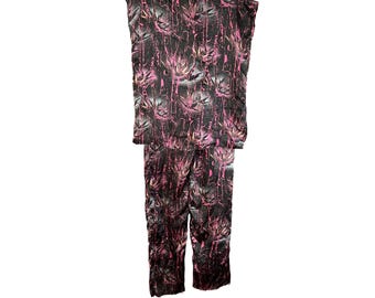 80s fine Silk Pants  Top Set Abstract Pink & Black Print Vintage Style