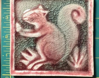 Early 20th Century Glazed Tiles of  Squirrel   Crackled Glaze 4&quot; Cottage
