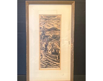 Vintage Framed Woodblock Print Of Village Scene By Jacob Heller Signed Original Artwork