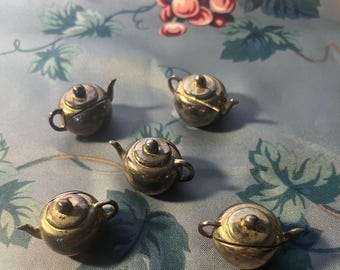Miniature set of 5 Godinger Silver Art Chrome Plated Mini Teapot place card holders