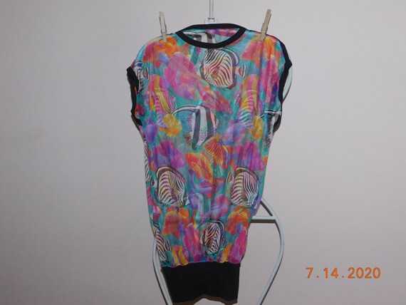 80's Mesh Net Bathing Suit Top Cover Fish Print N… - image 4