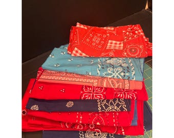 Vintage Cotton Bandanas Lot Of 11 Red & Blue Paisley Floral Patterns Made In USA