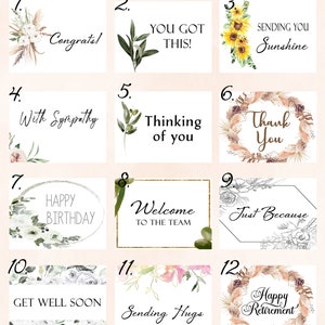 May include: A collection of greeting cards with different messages and designs. The cards feature phrases such as "Congrats!", "You Got This!", "Sending You Sunshine", "With Sympathy", and "Happy Birthday". Floral and botanical elements are included.