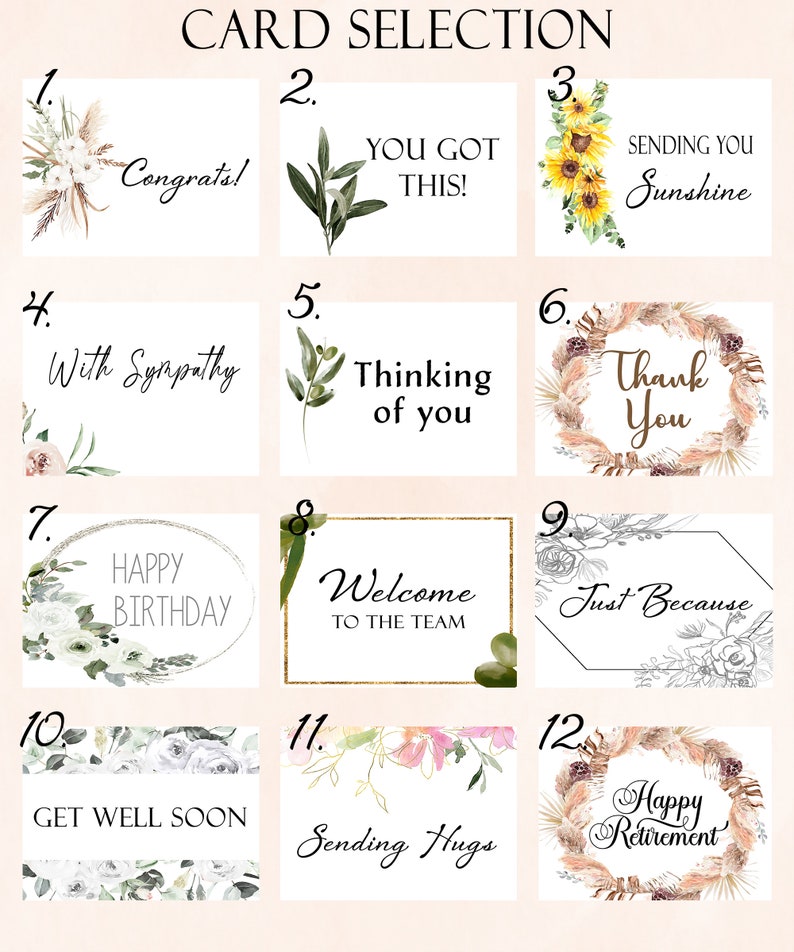 May include: A collection of greeting cards with different messages and designs. The cards feature phrases such as "Congrats!", "You Got This!", "Sending You Sunshine", "With Sympathy", and "Happy Birthday". Floral and botanical elements are included.